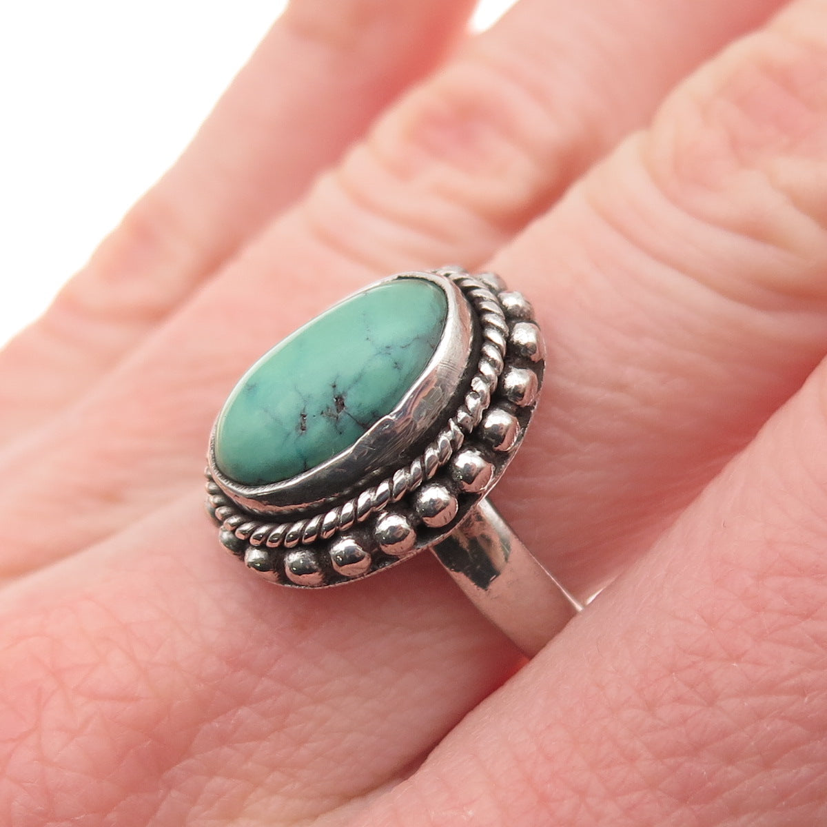 925 Sterling Silver Vintage Real Tyrone Turquoise Ball Beaded Ring Size 7.5