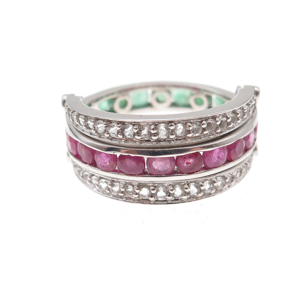 Chuck Clemency 925 Sterling Real Ruby Topaz Emerald Rotating Band Ring Size 7.5