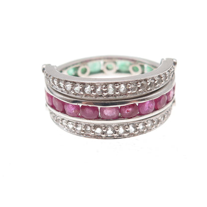 Chuck Clemency 925 Sterling Real Ruby Topaz Emerald Rotating Band Ring Size 7.5