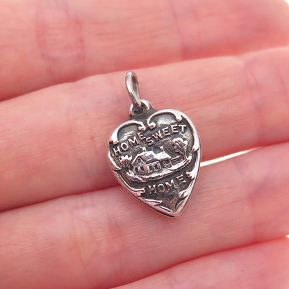 925 Sterling Silver Antique Art Deco Sweet Home Chatelaine Heart Charm Pendant