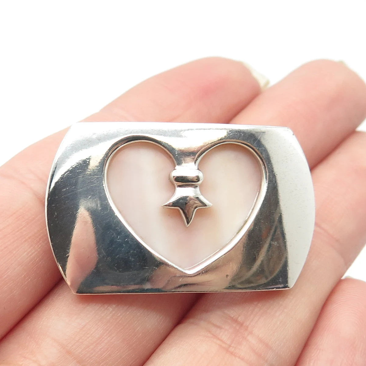 925 Sterling Silver Vintage Real Mother-Of-Pearl Heart Necklace Central Part