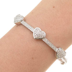 925 Sterling Silver Real Round-Cut Diamond Heart Station Bangle Bracelet 7"