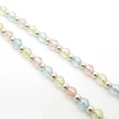 925 Sterling Silver Italy Multi-Color Crystal Ball Chain Necklace 14"