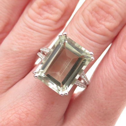 925 Sterling Silver Real Green Amethyst & White Topaz Ring Size 7