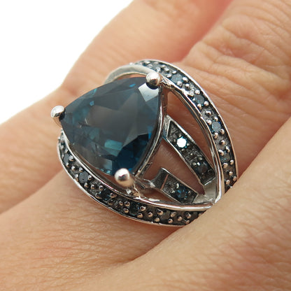 925 Sterling Silver Real Round-Cut Blue Diamond & London Blue Topaz Ring Size 6