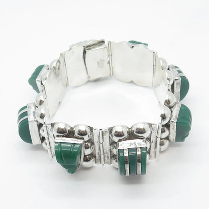 925 Sterling Silver Vintage Mexico Green Onyx Tribal Face Link Bracelet 6.75"