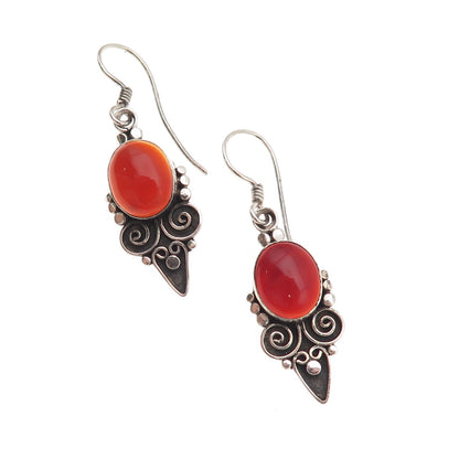 925 Sterling Silver Vintage Real Carnelian Floral Heart Oxidized Dangle Earrings