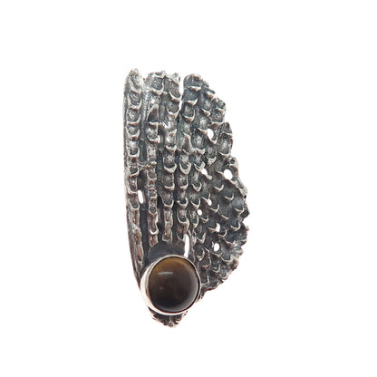 925 Sterling Silver Vintage Real Tiger Eye Modernist Oxidized Pin Brooch