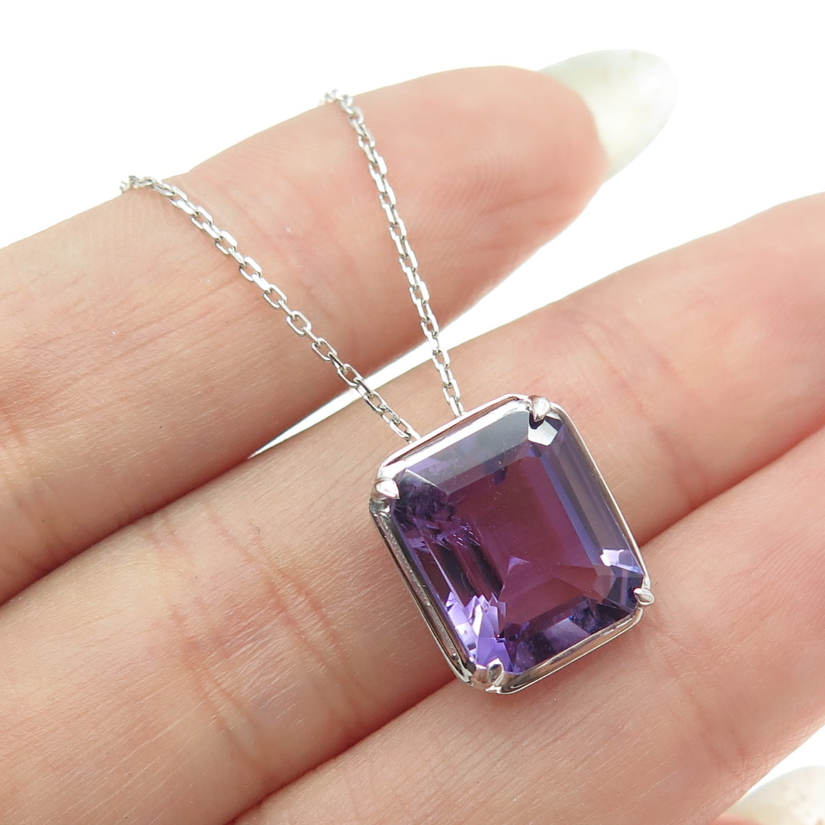 925 Sterling Silver Real Amethyst Gemstone Cable Chain Necklace 16"