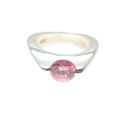 FOSSIL 925 Sterling Silver Vintage Round-Cut Pink C Z Modernist Ring Size 7.5
