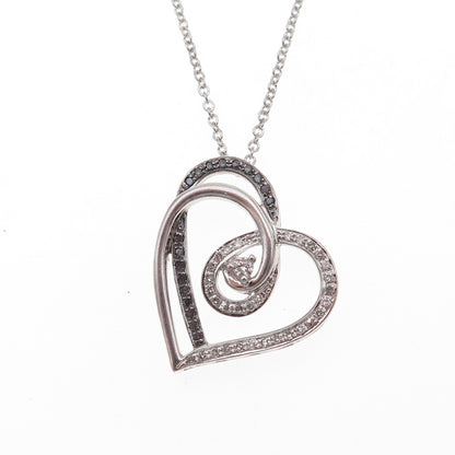 925 Sterling Silver Real Black & White Diamond Heart Cable Chain Necklace 18"