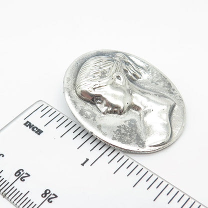 925 Sterling Silver Vintage Lady's Profile Oval Pin Brooch / Pendant