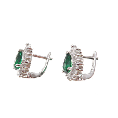 925 Sterling Silver Green & White C Z Teardrop Earrings