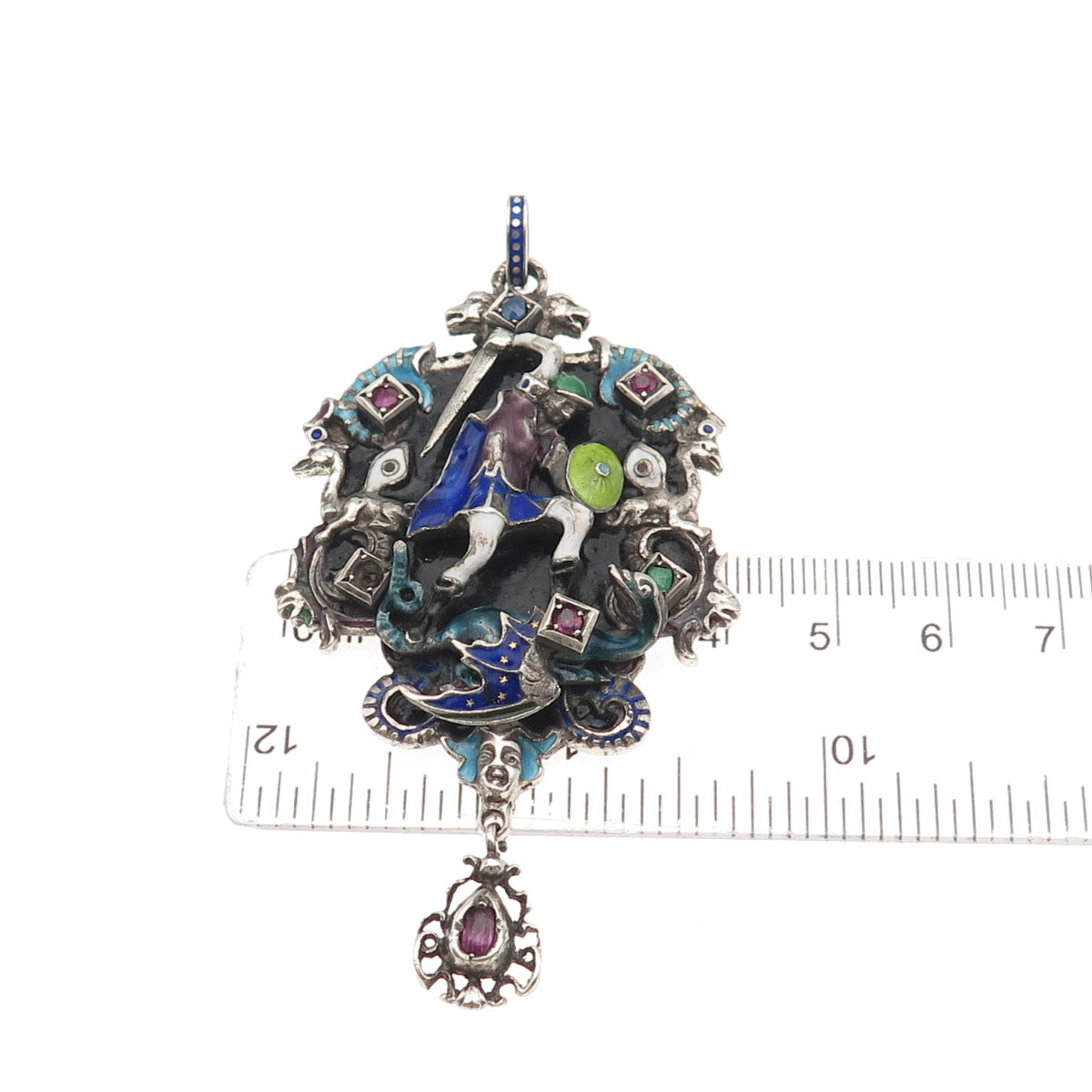 Antique Austro-Hungarian Silver Enamel Multi-Color Gem Pendant (missing 1 stone)