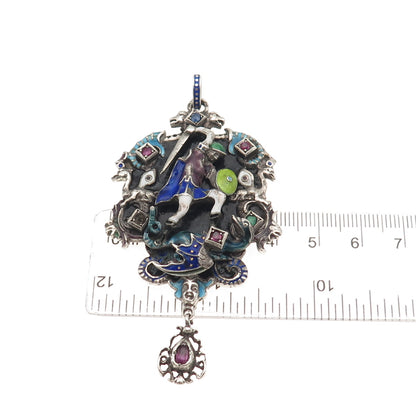 Antique Austro-Hungarian Silver Enamel Multi-Color Gem Pendant (missing 1 stone)