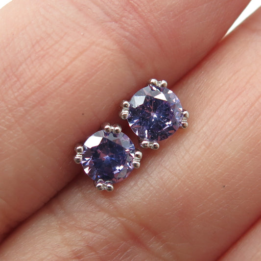 925 Sterling Silver Round-Cut Shaped Purple C Z Stud Earrings