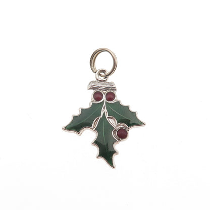 J.M. Fisher 925 Sterling Vintage Enamel Holy & Berries Christmas Mini Pendant