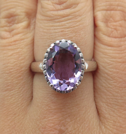 925 Sterling Silver Real Oval-Cut Amethyst & White Topaz Ring Size 8.25