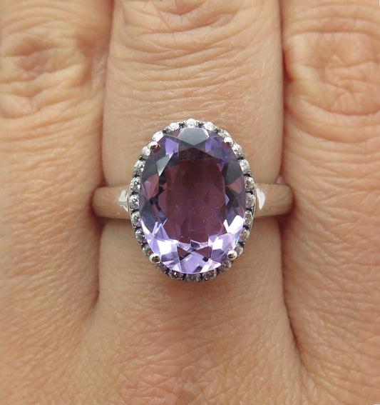 925 Sterling Silver Real Oval-Cut Amethyst & White Topaz Ring Size 8.25