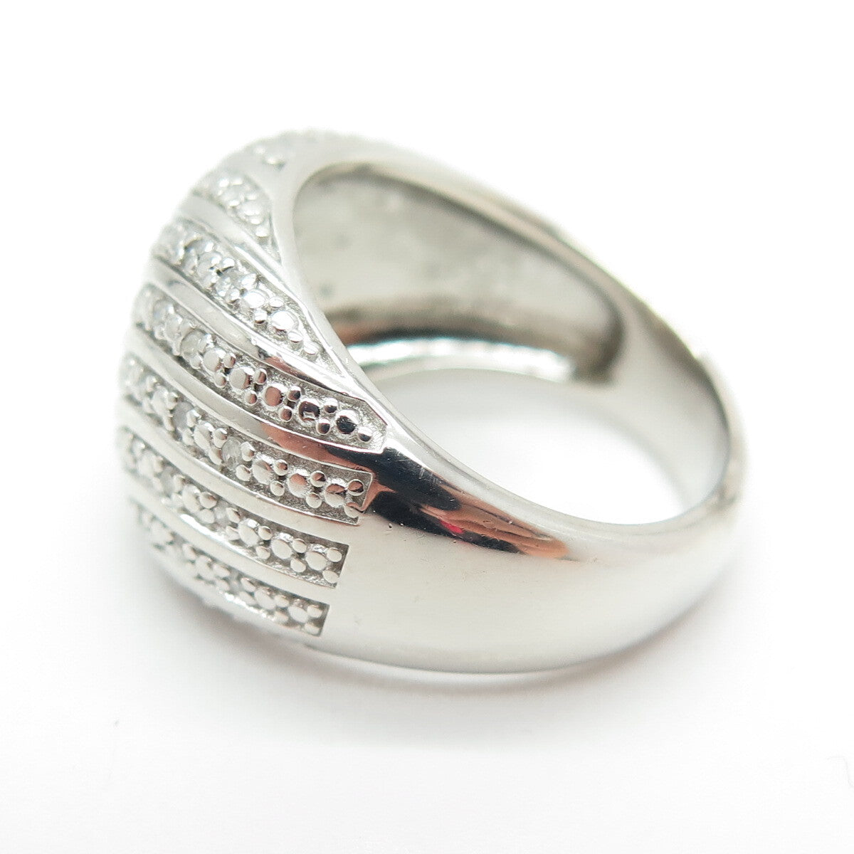 925 Sterling Silver Real Round-Cut Diamond Wavy Dome Ring Size 8