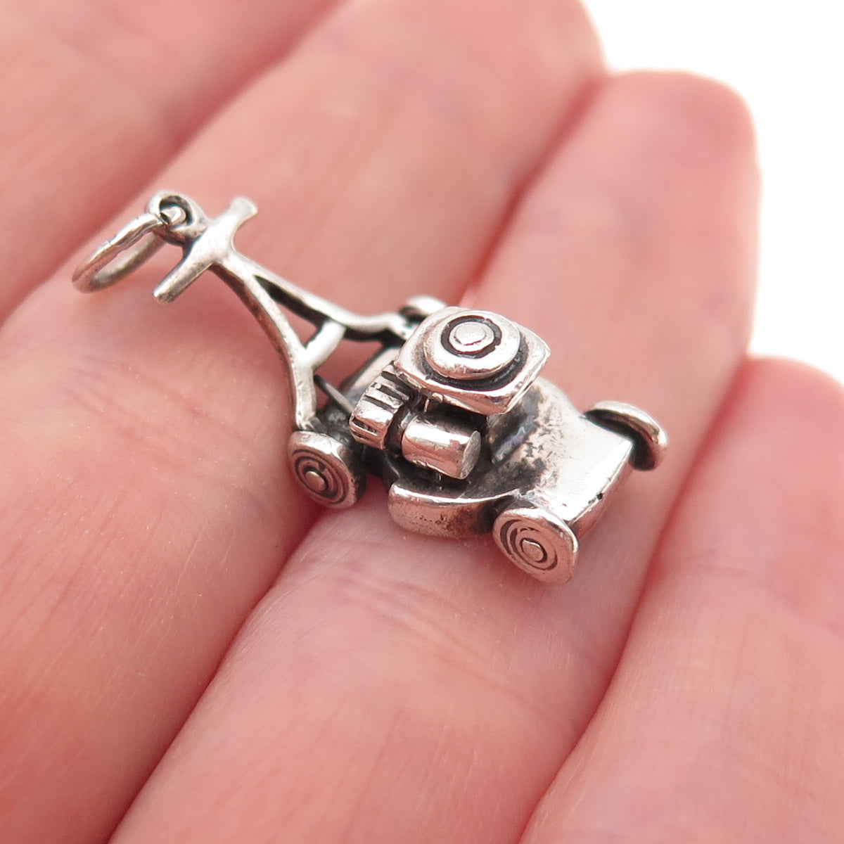 925 Sterling Silver Vintage Lawnmower Oxidized 3D Charm Pendant