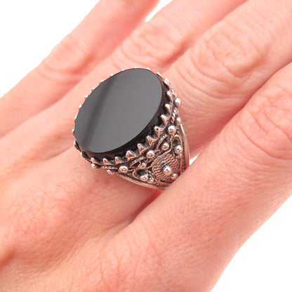 925 Sterling Silver Vintage Real Black Onyx Filigree Oxidized Ring Size 7.25