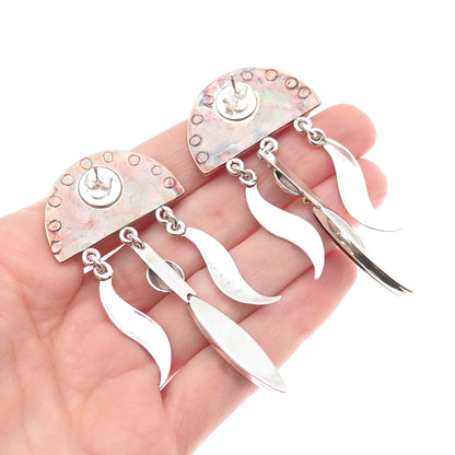 925 Sterling 2-Tone Vintage Real Black Onyx Sunrise Modernist Dangle Earrings