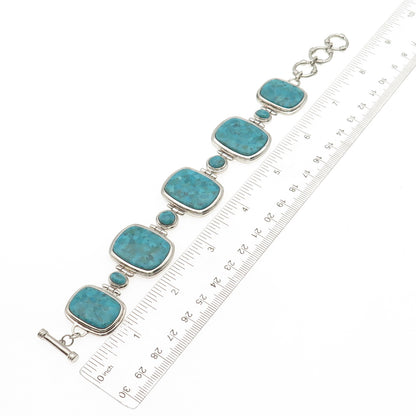 925 Sterling Silver Vintage Real Turquoise Panel Link Bracelet 6.5-7.75"