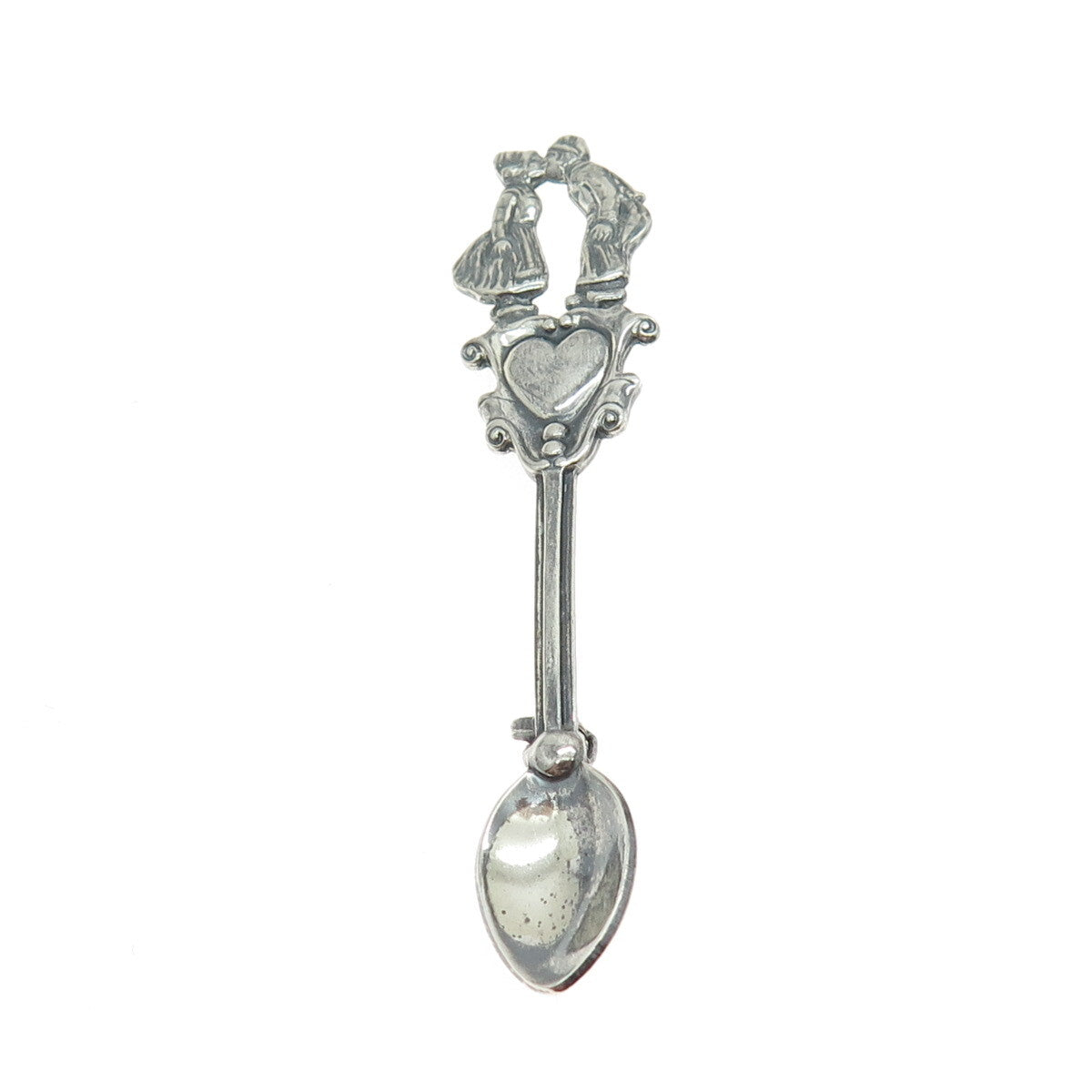 925 Sterling Silver Antique Art Deco Couple Kiss Oxidized Salt Spoon Pin Brooch