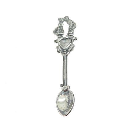 925 Sterling Silver Antique Art Deco Couple Kiss Oxidized Salt Spoon Pin Brooch
