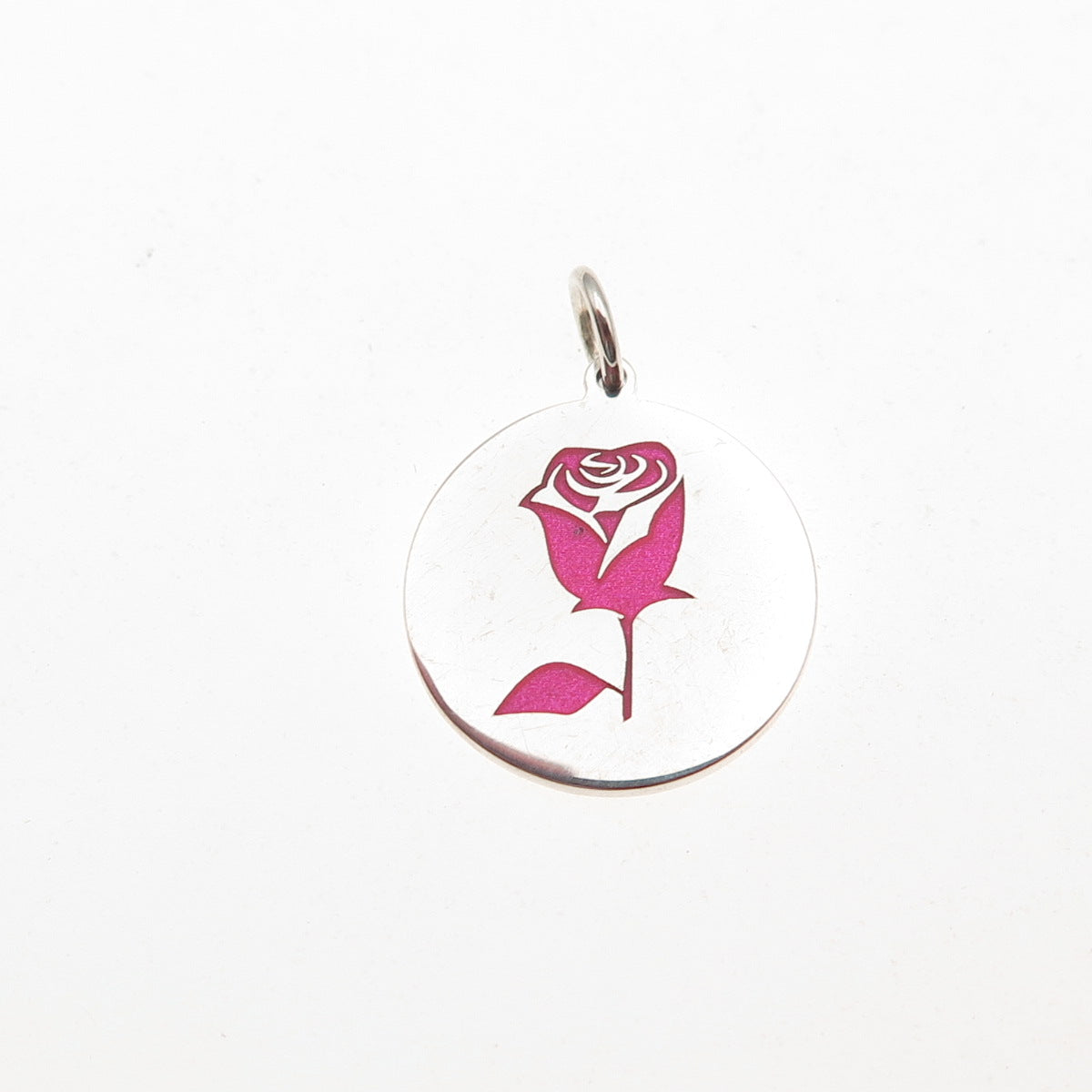 925 Sterling Silver Pink Enamel Rose Round Tag Mini Charm Pendant