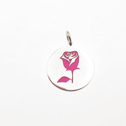 925 Sterling Silver Pink Enamel Rose Round Tag Mini Charm Pendant