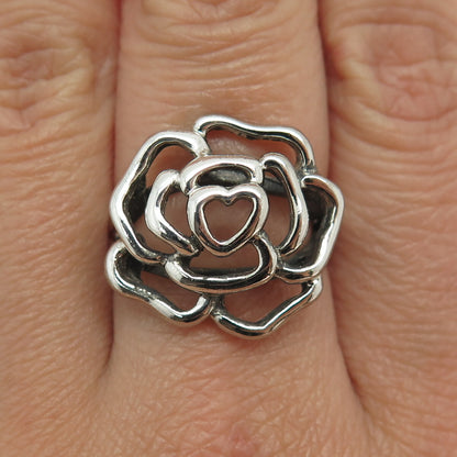 CHAPAL ZENRAY 925 Sterling Silver Vintage Rose Flower Oxidized Ring Size 7.25