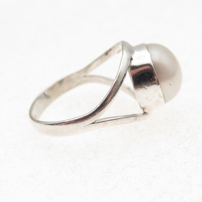 925 Sterling Silver Vintage Real Pearl Modernist Oxidized Ring Size 7