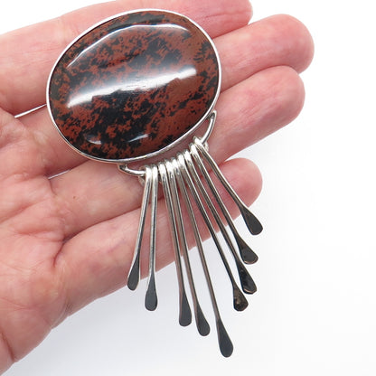 925 Sterling Vintage Mexico Real Mahogany Obsidian Modernist Pin Brooch Pendant