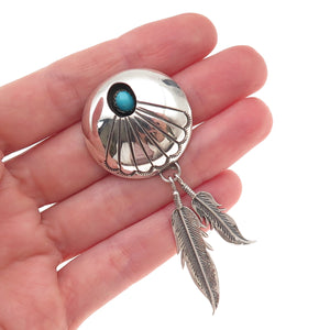 Old Pawn 925 Sterling Silver Vintage Turquoise Shadow Box Feather Slide Pendant