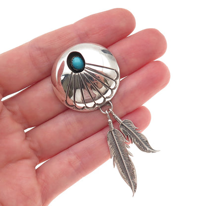 Old Pawn 925 Sterling Silver Vintage Turquoise Shadow Box Feather Slide Pendant