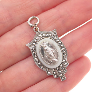 925 Sterling Antique Art Deco Real MOP & Marcasite St. Mary Spring Ring Pendant
