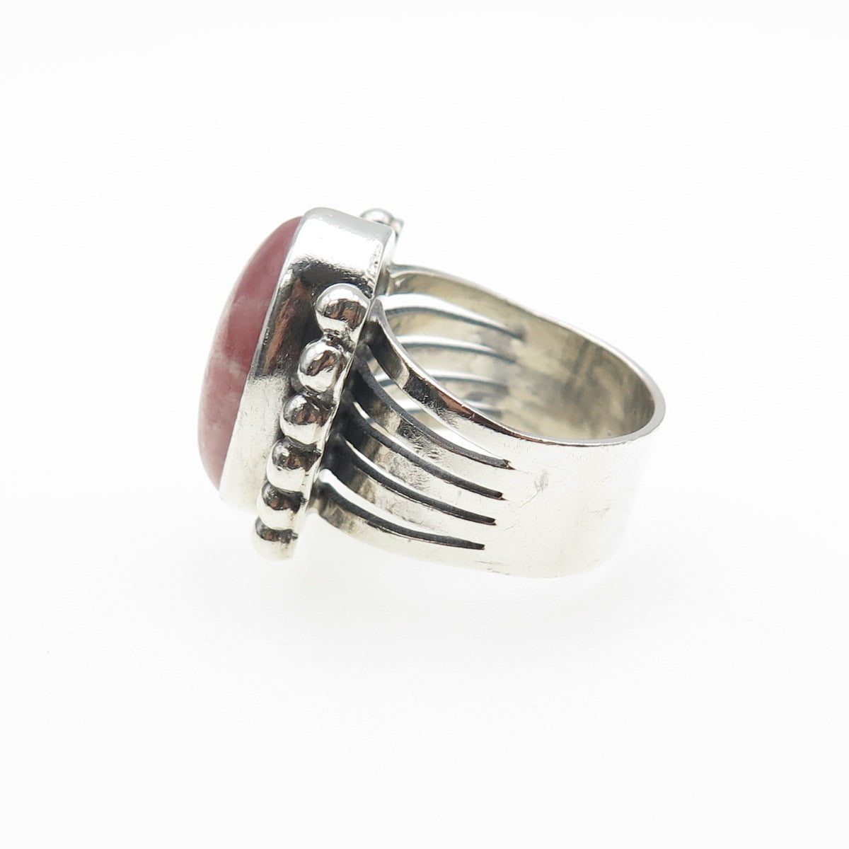 Old Pawn 925 Sterling Silver Vintage Rhodochrosite Beaded Oxidized Ring Size 5.5