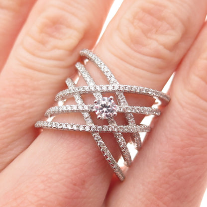 DSMK 925 Sterling Silver Round-Cut C Z Crisscross Ring Size 7.5