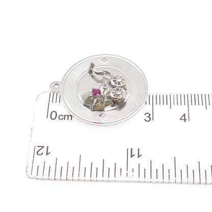 925 Sterling Silver Vintage Pink Rhinestone Baby Stroller Charm Pendant