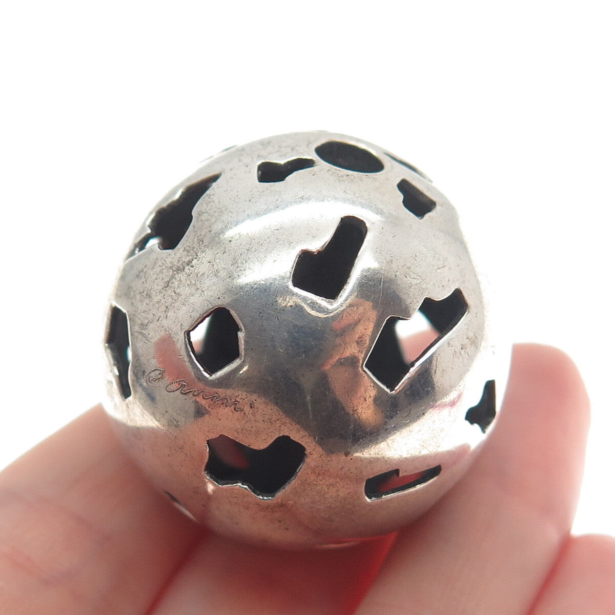 CARME 925 Sterling Silver Vintage Modernist Hollow Ball Bead Slide Pendant