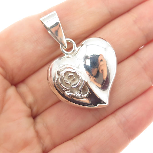 925 Sterling Silver Vintage Mexico Rose Flower Heart Charm Pendant