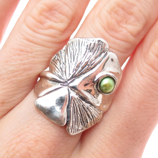 HAGIT GORALI Sterling Silver Vintage Green Pearl Clover Modernist Ring Size 7.25