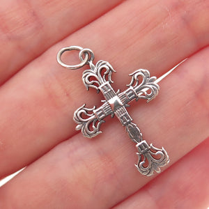 925 Sterling Silver Antique Art Deco Fleur de Lis Cross Oxidized Charm Pendant
