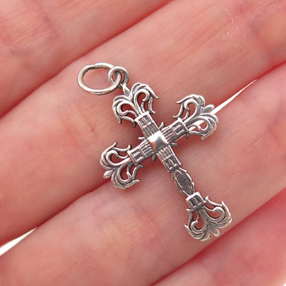 925 Sterling Silver Antique Art Deco Fleur de Lis Cross Oxidized Charm Pendant