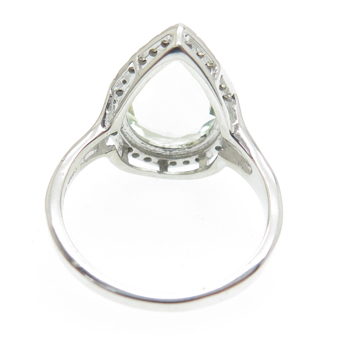 DSMK 925 Sterling Silver Diamond & Pear-Cut Green Amethyst Gem Ring Size 7.25