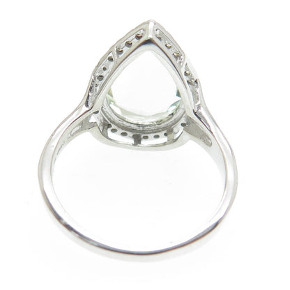 DSMK 925 Sterling Silver Diamond & Pear-Cut Green Amethyst Gem Ring Size 7.25