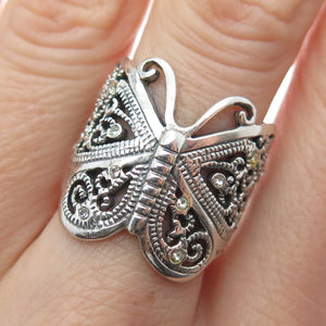 925 Sterling Silver Vintage Rhinestone Butterfly Oxidized Ring Size 6.75