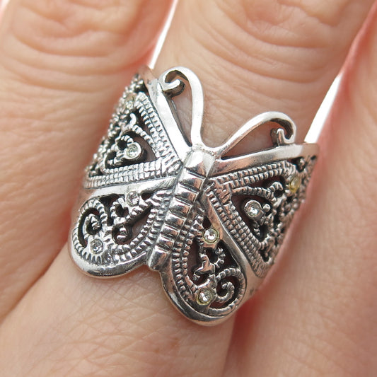 925 Sterling Silver Vintage Rhinestone Butterfly Oxidized Ring Size 6.75